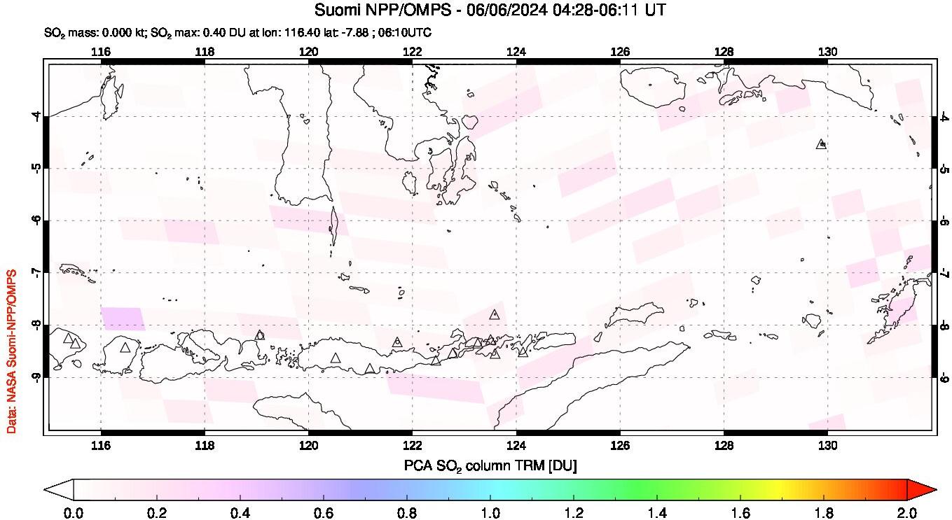 A sulfur dioxide image over Lesser Sunda Islands, Indonesia on Jun 06, 2024.