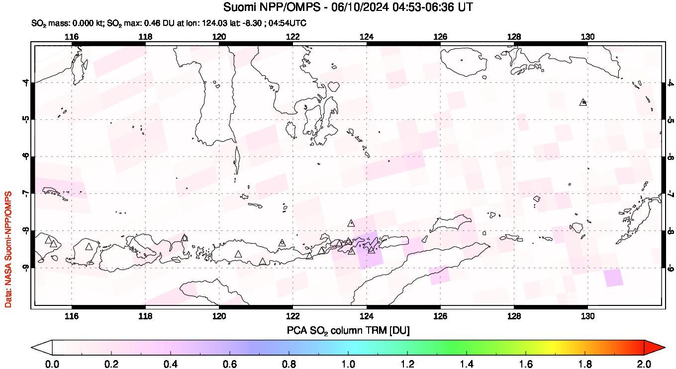 A sulfur dioxide image over Lesser Sunda Islands, Indonesia on Jun 10, 2024.