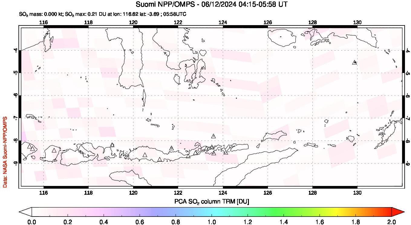 A sulfur dioxide image over Lesser Sunda Islands, Indonesia on Jun 12, 2024.