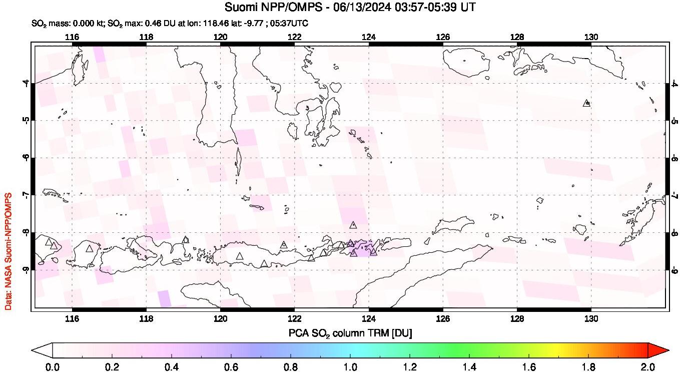 A sulfur dioxide image over Lesser Sunda Islands, Indonesia on Jun 13, 2024.