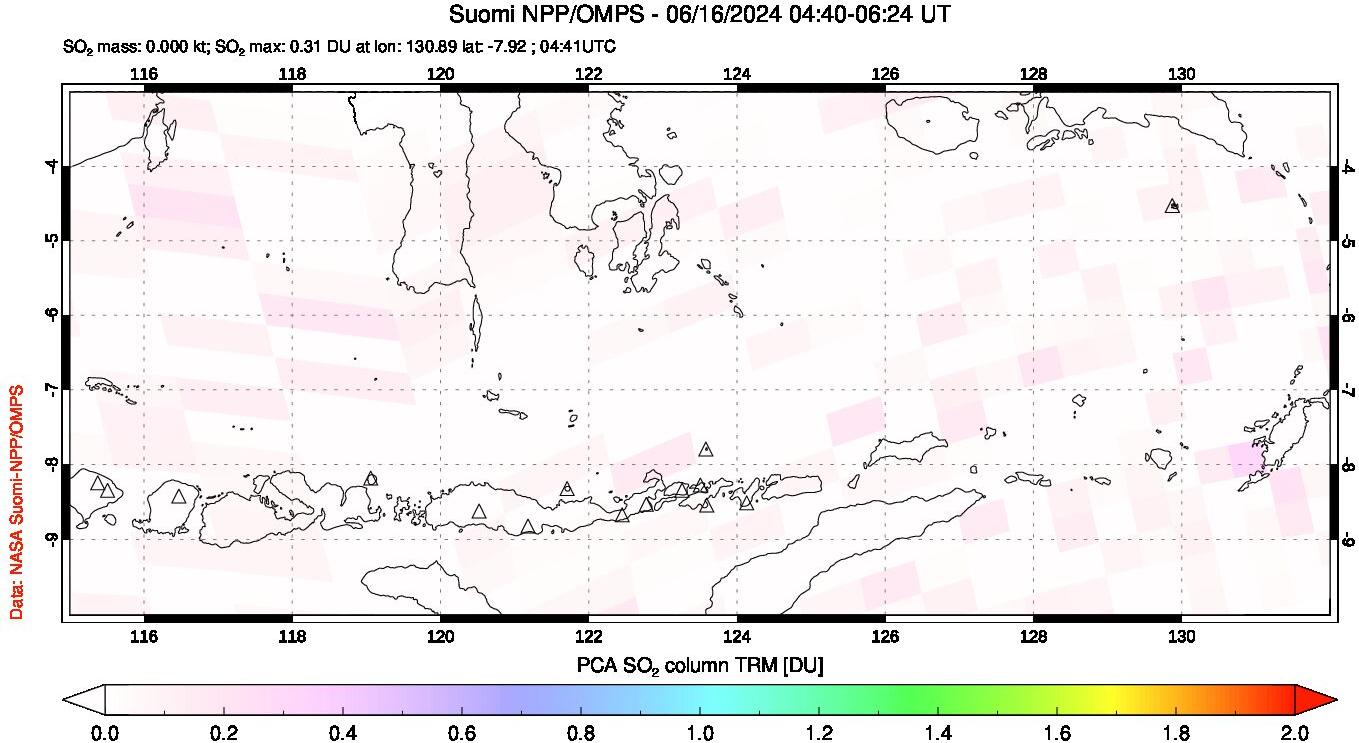 A sulfur dioxide image over Lesser Sunda Islands, Indonesia on Jun 16, 2024.