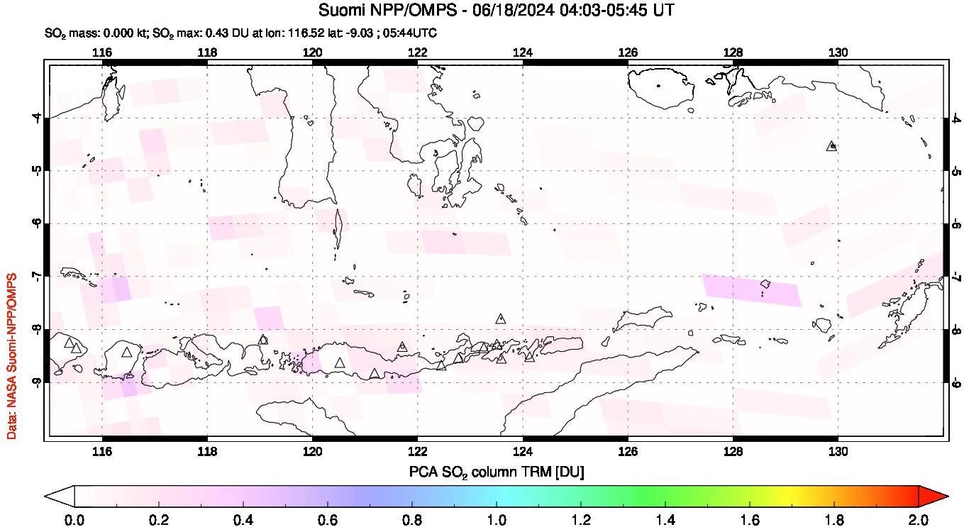 A sulfur dioxide image over Lesser Sunda Islands, Indonesia on Jun 18, 2024.