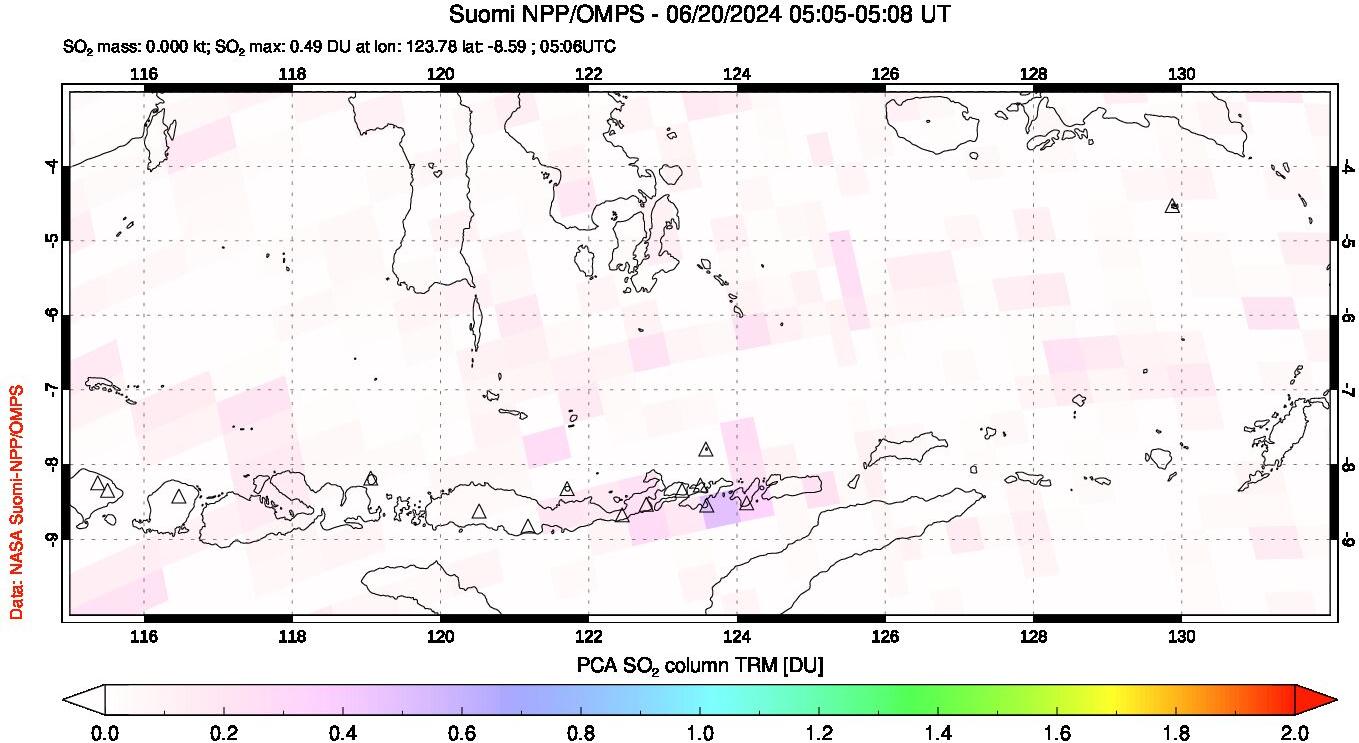 A sulfur dioxide image over Lesser Sunda Islands, Indonesia on Jun 20, 2024.