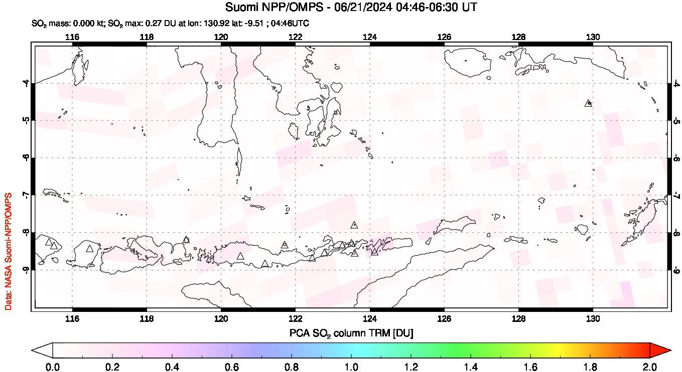 A sulfur dioxide image over Lesser Sunda Islands, Indonesia on Jun 21, 2024.