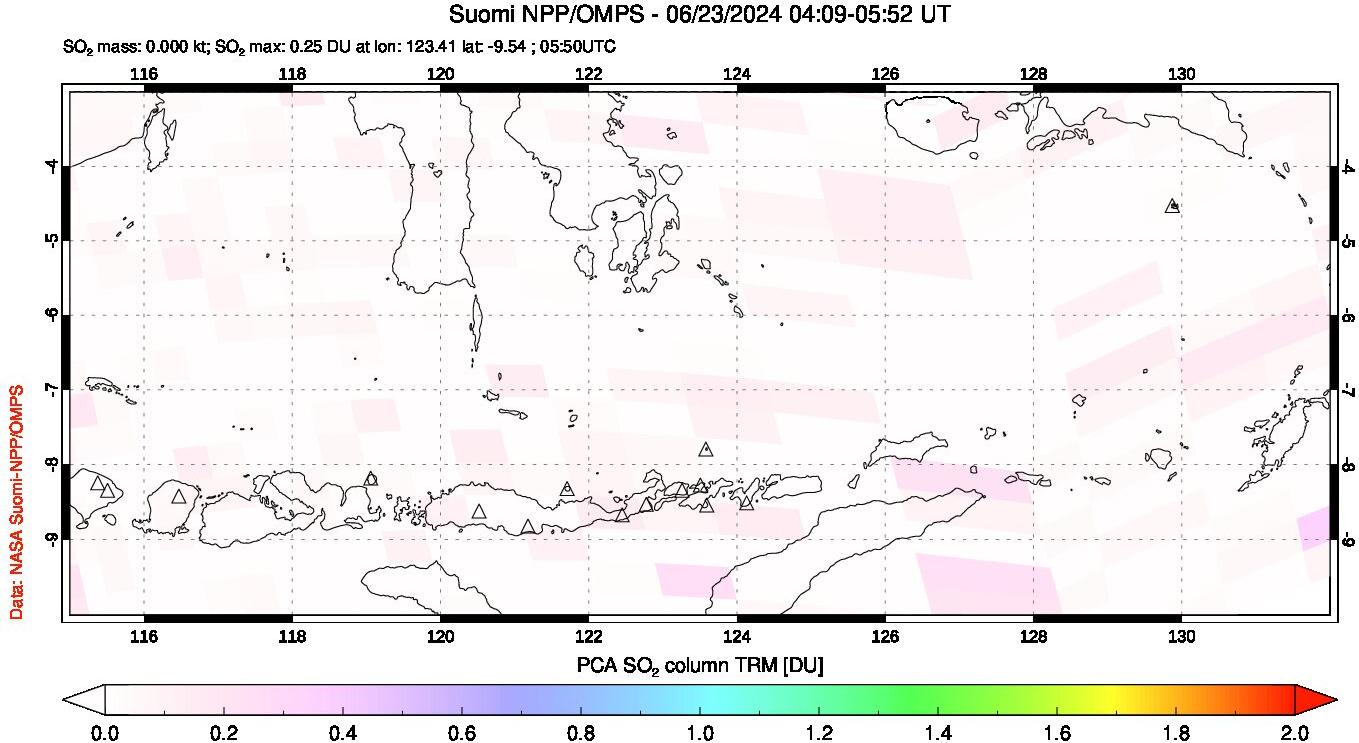 A sulfur dioxide image over Lesser Sunda Islands, Indonesia on Jun 23, 2024.