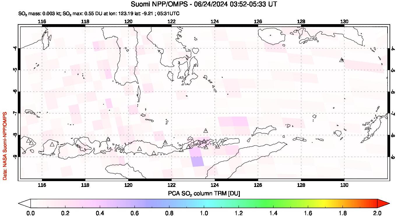 A sulfur dioxide image over Lesser Sunda Islands, Indonesia on Jun 24, 2024.