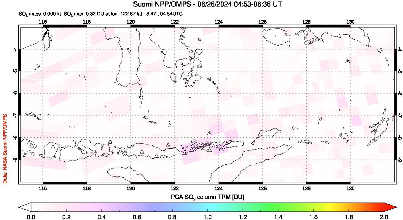 A sulfur dioxide image over Lesser Sunda Islands, Indonesia on Jun 26, 2024.