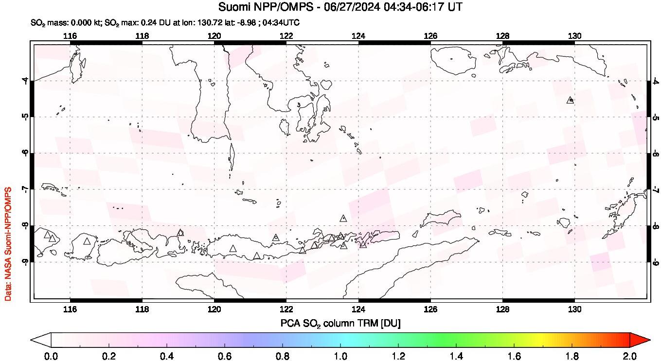 A sulfur dioxide image over Lesser Sunda Islands, Indonesia on Jun 27, 2024.