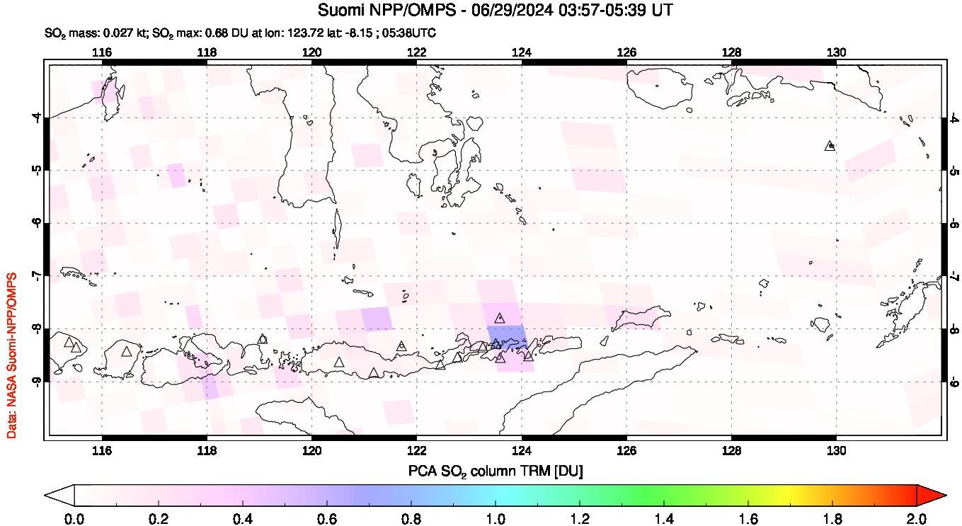 A sulfur dioxide image over Lesser Sunda Islands, Indonesia on Jun 29, 2024.