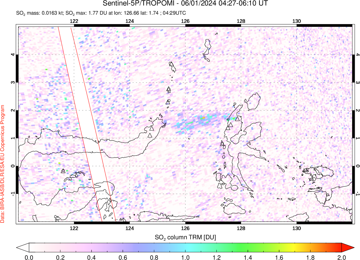 A sulfur dioxide image over Northern Sulawesi & Halmahera, Indonesia on Jun 01, 2024.