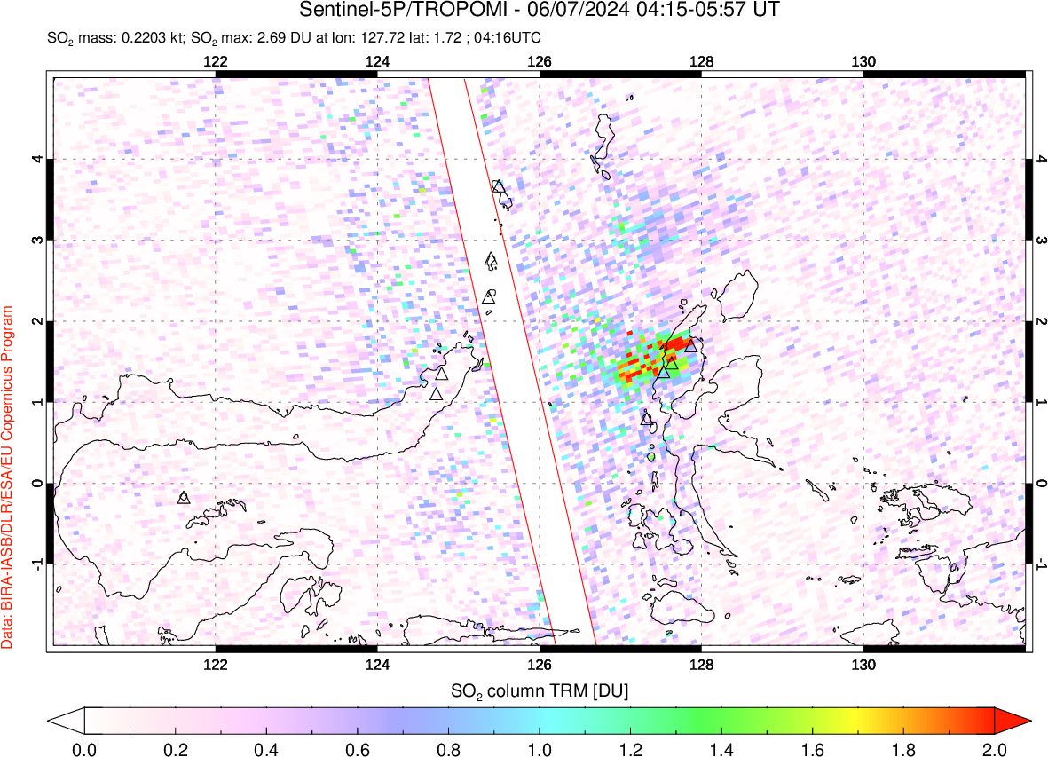 A sulfur dioxide image over Northern Sulawesi & Halmahera, Indonesia on Jun 07, 2024.