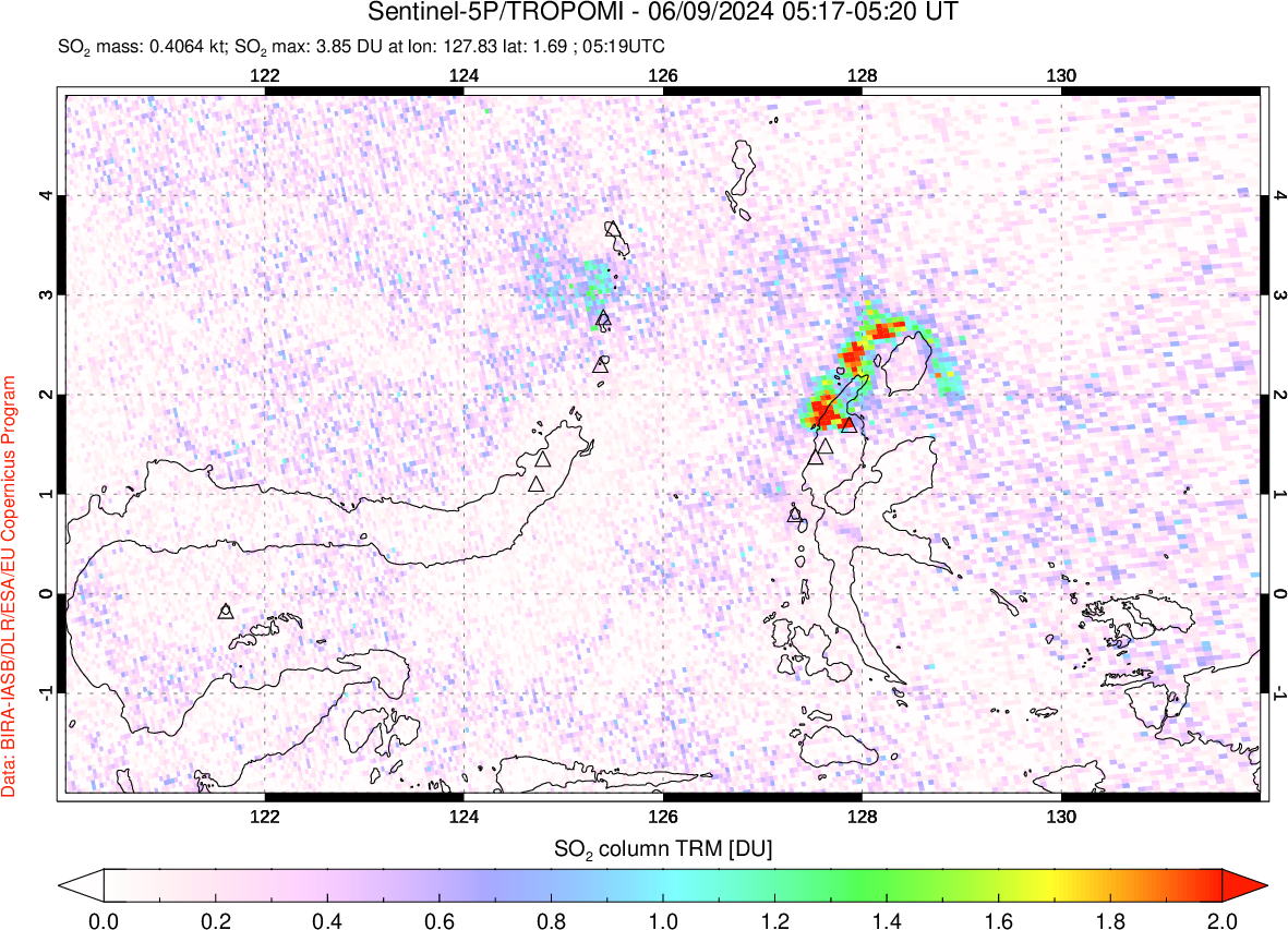 A sulfur dioxide image over Northern Sulawesi & Halmahera, Indonesia on Jun 09, 2024.