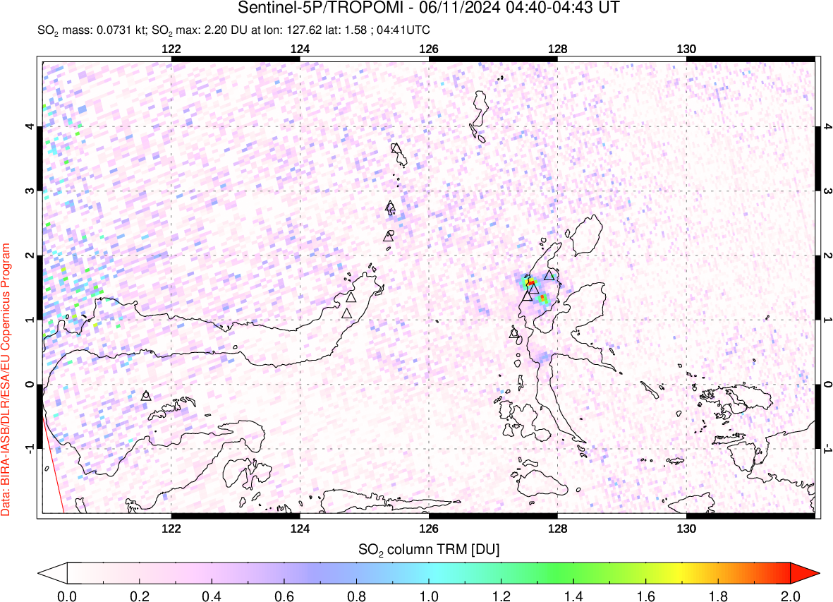 A sulfur dioxide image over Northern Sulawesi & Halmahera, Indonesia on Jun 11, 2024.