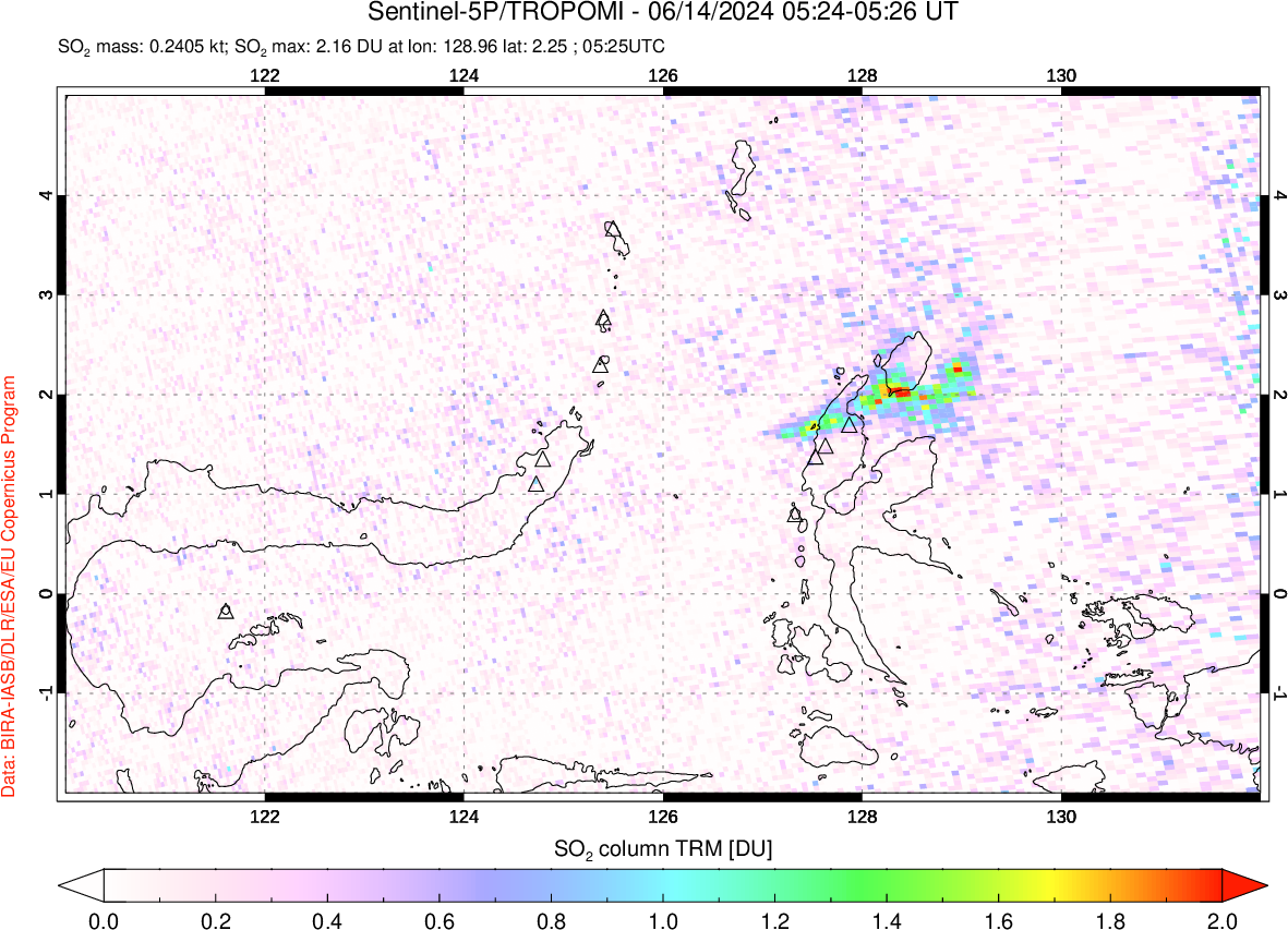 A sulfur dioxide image over Northern Sulawesi & Halmahera, Indonesia on Jun 14, 2024.