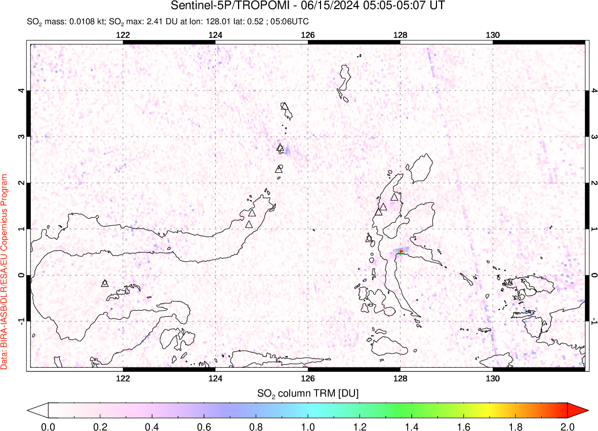 A sulfur dioxide image over Northern Sulawesi & Halmahera, Indonesia on Jun 15, 2024.