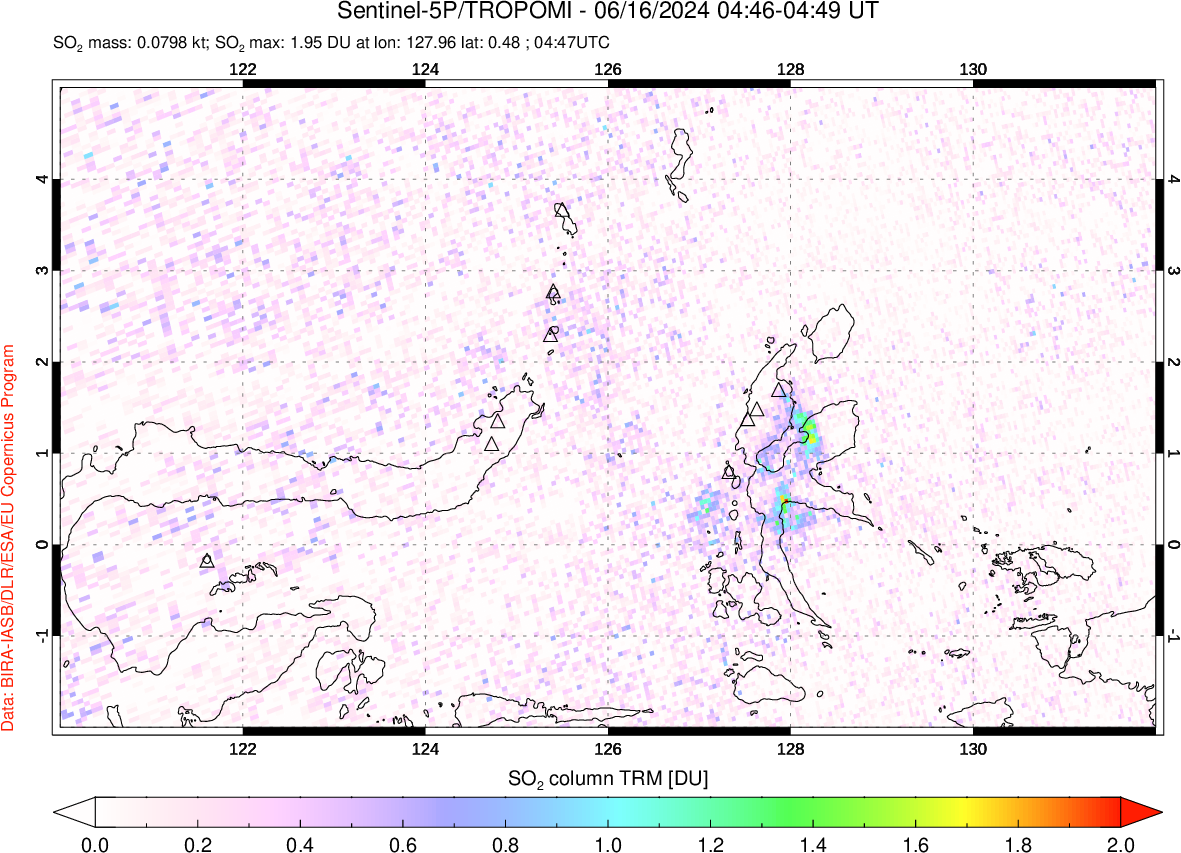 A sulfur dioxide image over Northern Sulawesi & Halmahera, Indonesia on Jun 16, 2024.