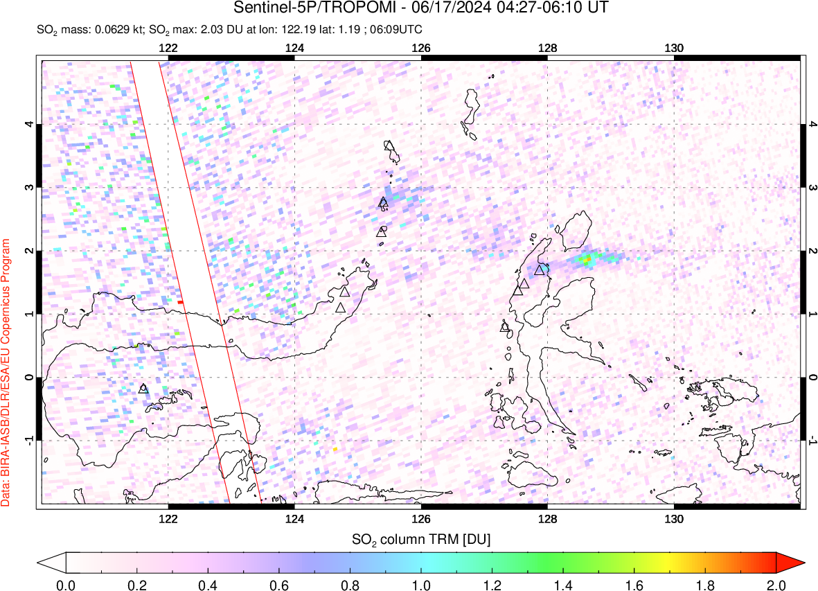 A sulfur dioxide image over Northern Sulawesi & Halmahera, Indonesia on Jun 17, 2024.