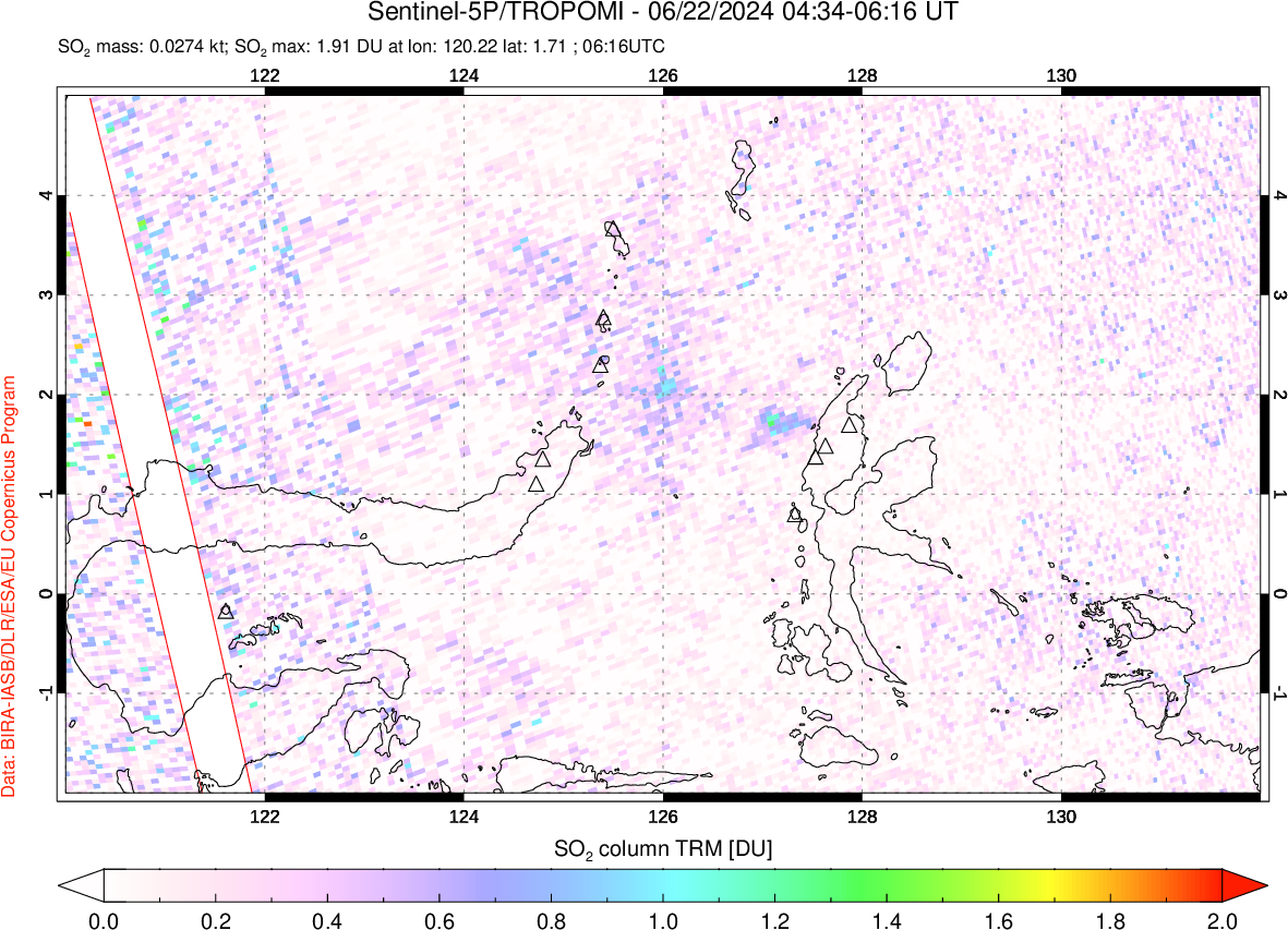 A sulfur dioxide image over Northern Sulawesi & Halmahera, Indonesia on Jun 22, 2024.