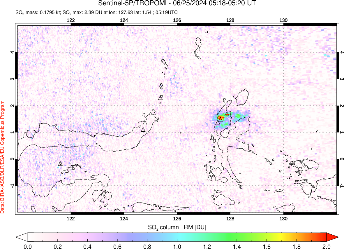 A sulfur dioxide image over Northern Sulawesi & Halmahera, Indonesia on Jun 25, 2024.