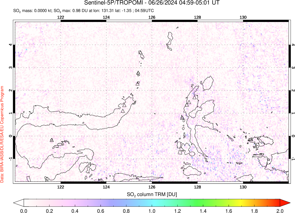 A sulfur dioxide image over Northern Sulawesi & Halmahera, Indonesia on Jun 26, 2024.