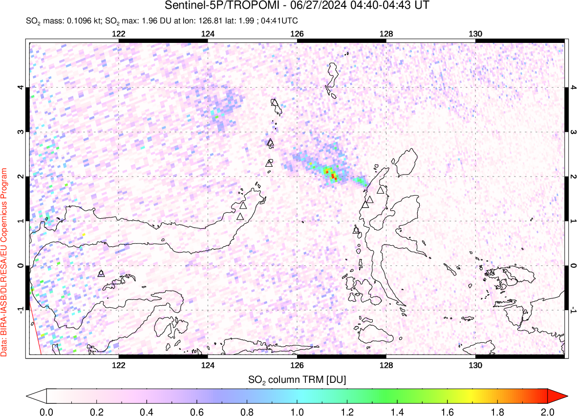 A sulfur dioxide image over Northern Sulawesi & Halmahera, Indonesia on Jun 27, 2024.