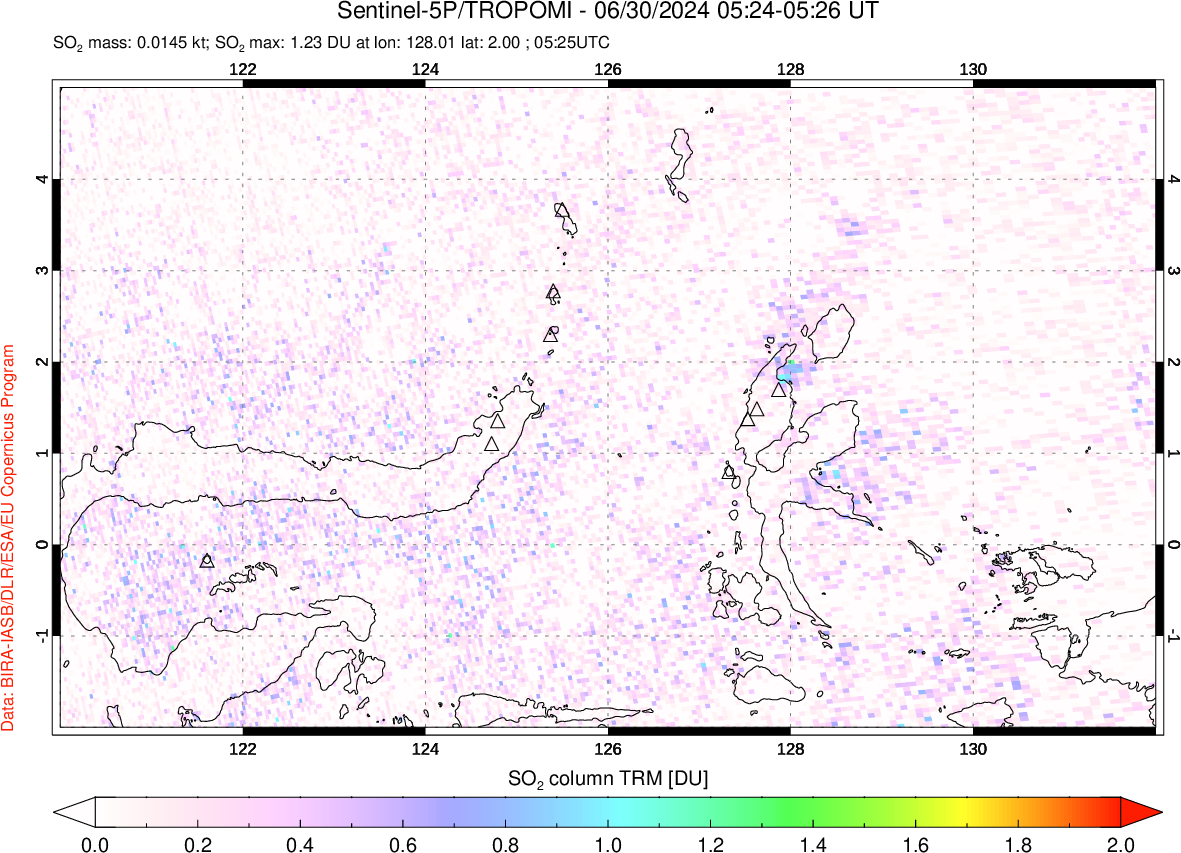 A sulfur dioxide image over Northern Sulawesi & Halmahera, Indonesia on Jun 30, 2024.