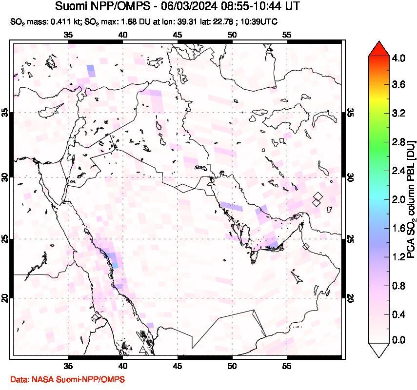 A sulfur dioxide image over Middle East on Jun 03, 2024.