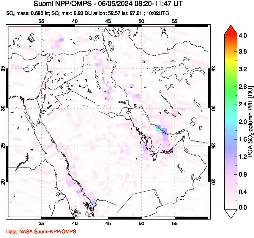 A sulfur dioxide image over Middle East on Jun 05, 2024.