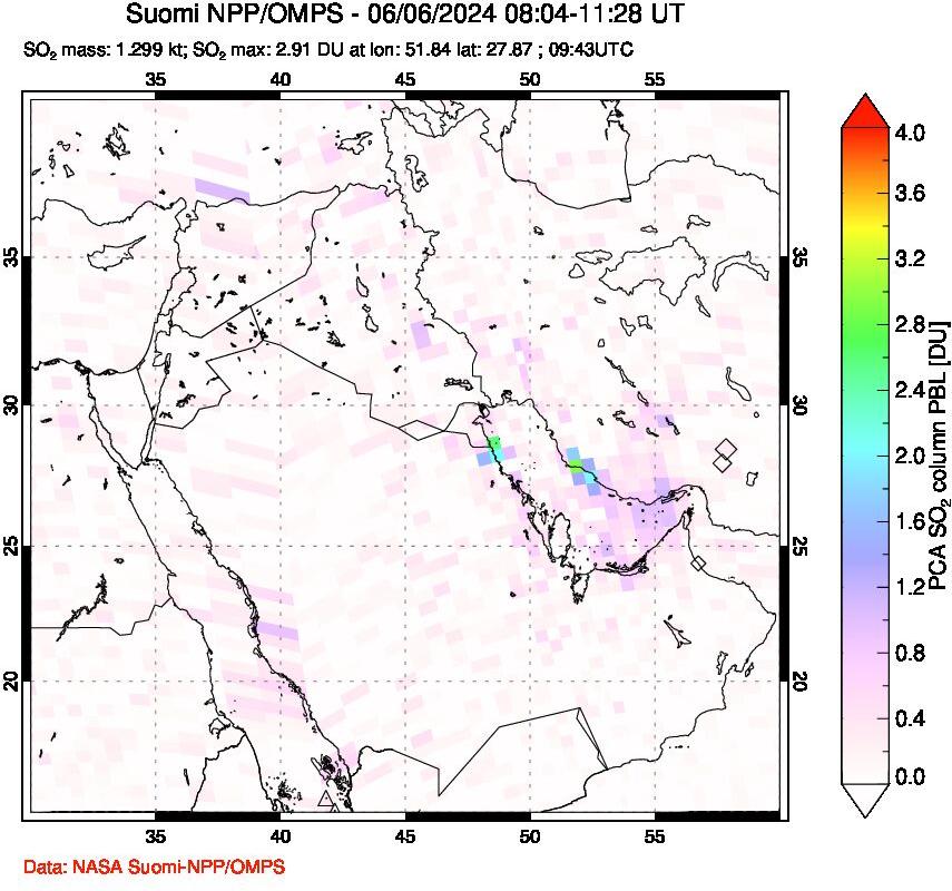 A sulfur dioxide image over Middle East on Jun 06, 2024.