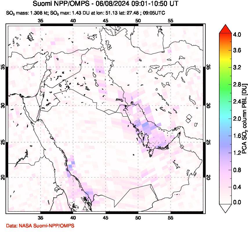 A sulfur dioxide image over Middle East on Jun 08, 2024.