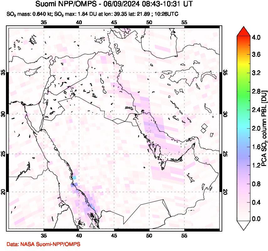 A sulfur dioxide image over Middle East on Jun 09, 2024.