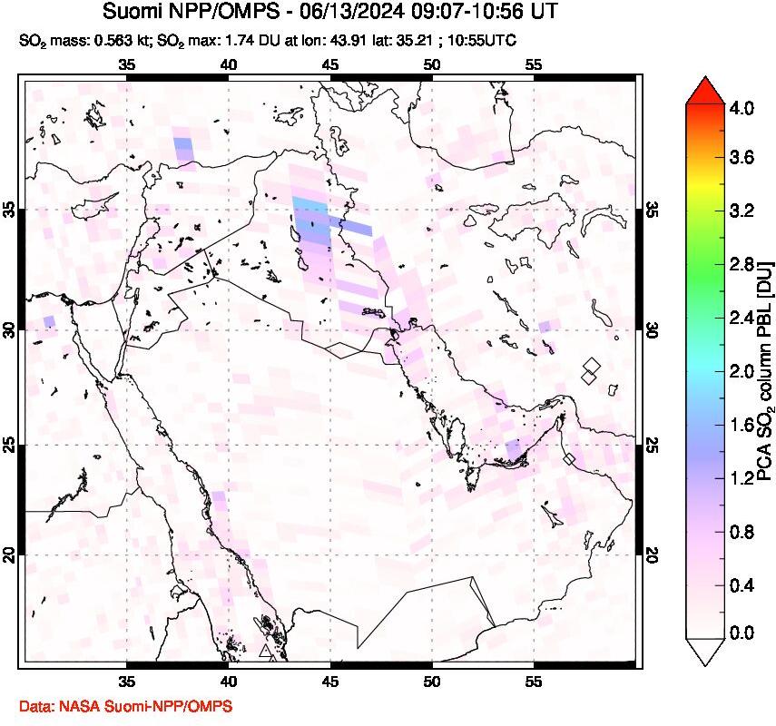 A sulfur dioxide image over Middle East on Jun 13, 2024.