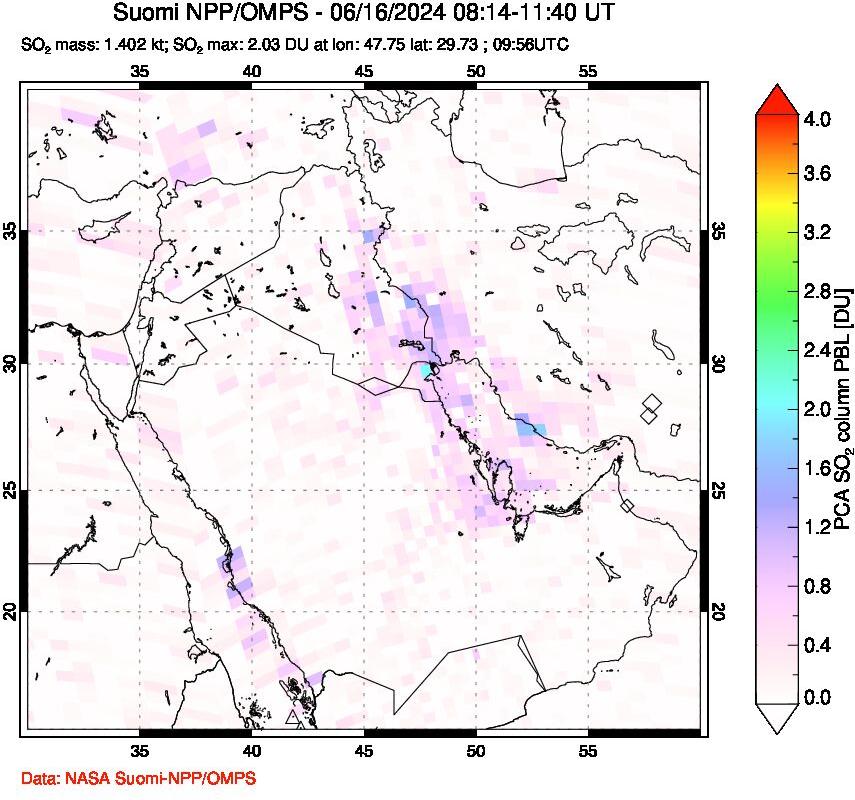 A sulfur dioxide image over Middle East on Jun 16, 2024.