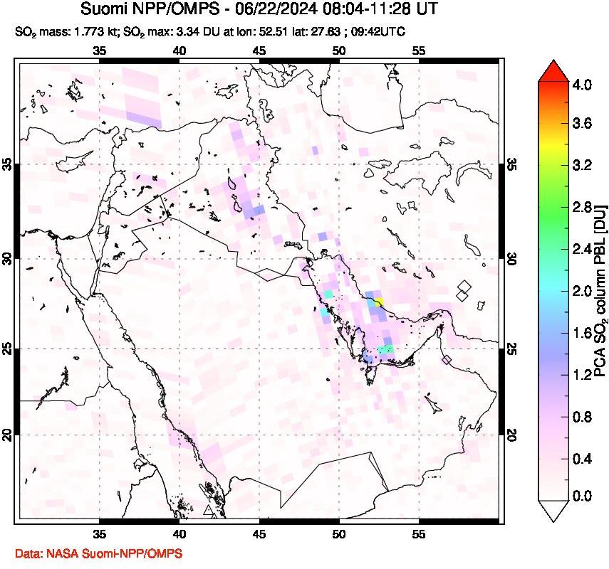 A sulfur dioxide image over Middle East on Jun 22, 2024.