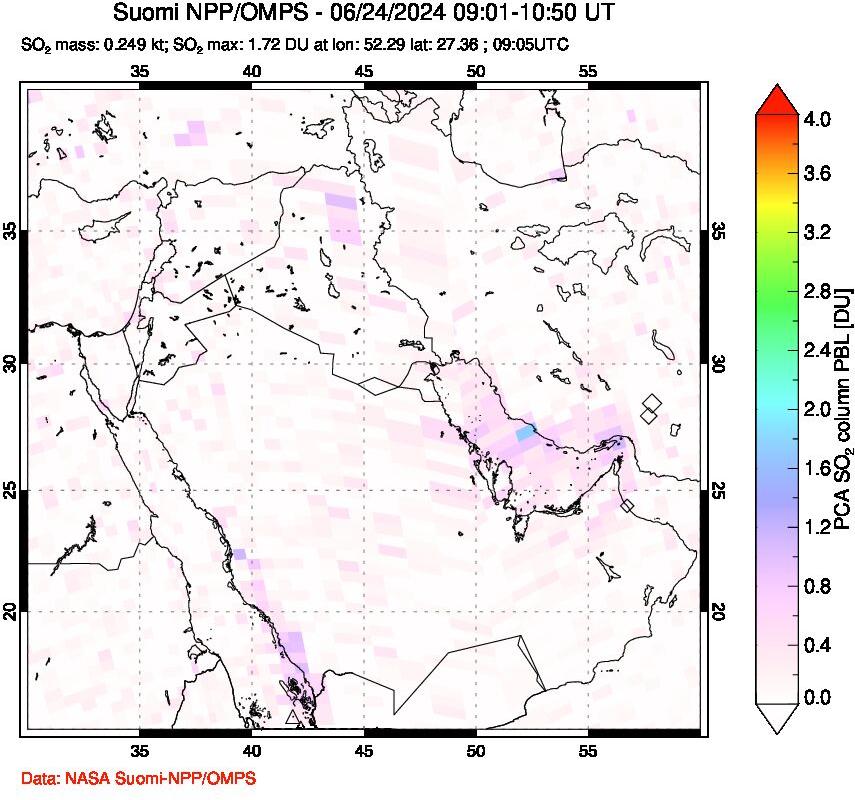 A sulfur dioxide image over Middle East on Jun 24, 2024.