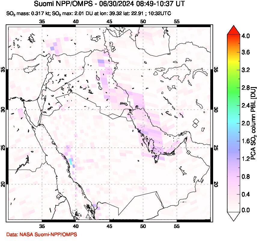 A sulfur dioxide image over Middle East on Jun 30, 2024.