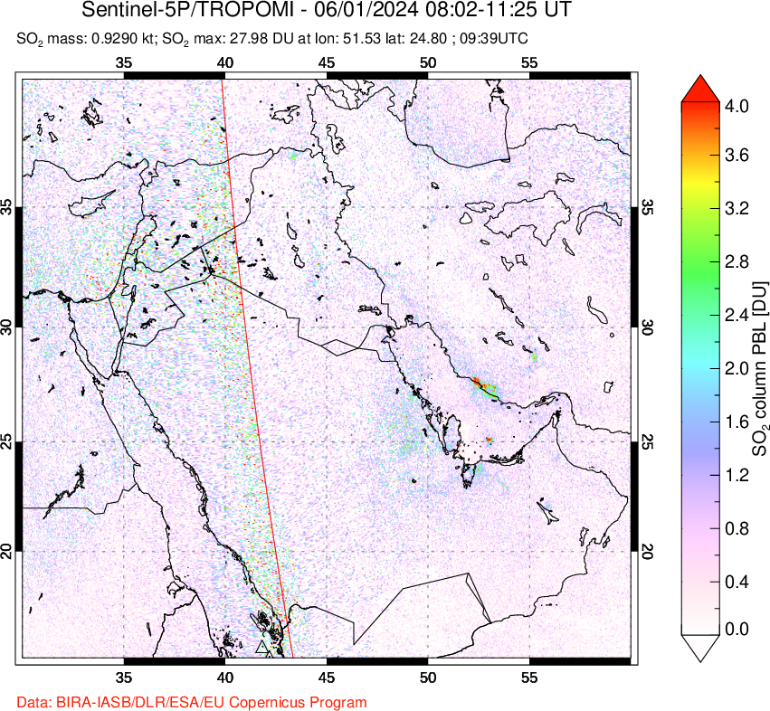 A sulfur dioxide image over Middle East on Jun 01, 2024.