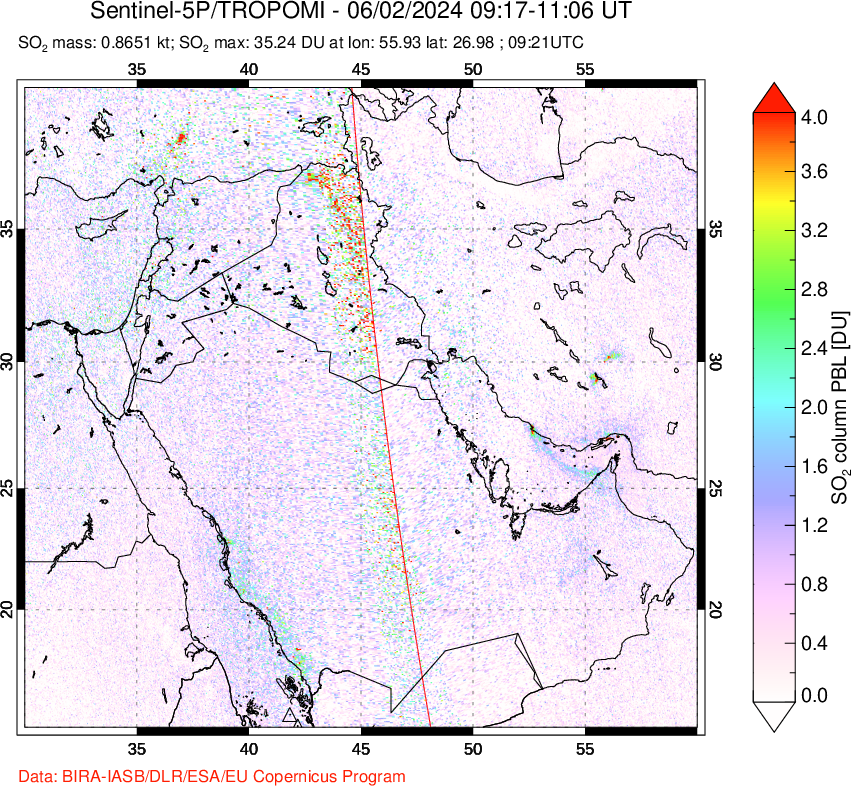 A sulfur dioxide image over Middle East on Jun 02, 2024.