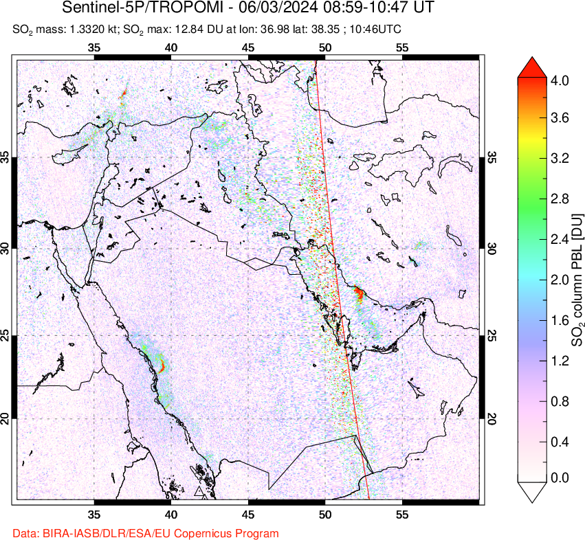 A sulfur dioxide image over Middle East on Jun 03, 2024.