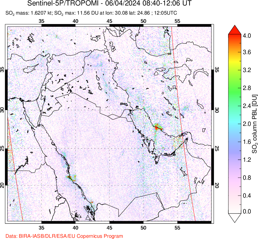 A sulfur dioxide image over Middle East on Jun 04, 2024.