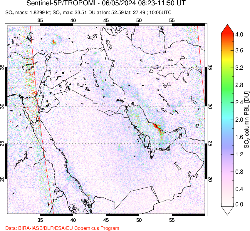 A sulfur dioxide image over Middle East on Jun 05, 2024.