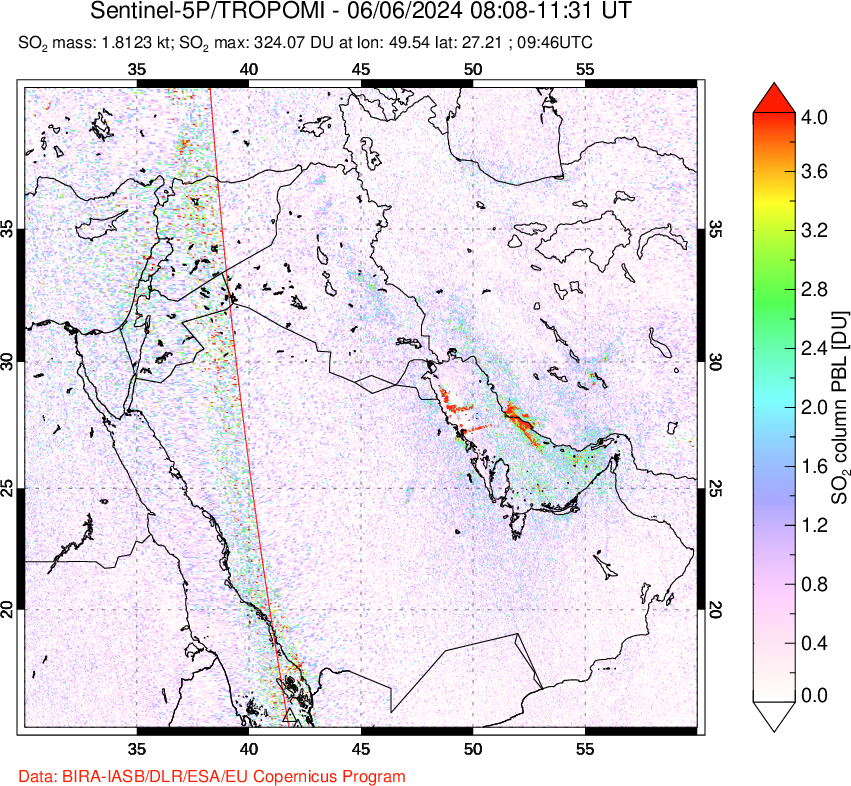 A sulfur dioxide image over Middle East on Jun 06, 2024.