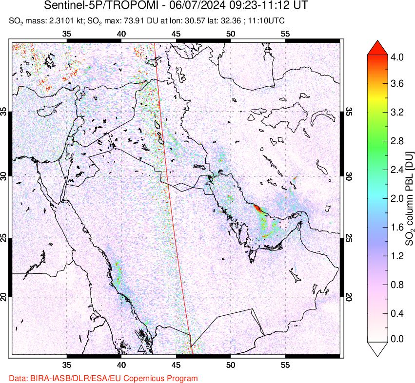 A sulfur dioxide image over Middle East on Jun 07, 2024.