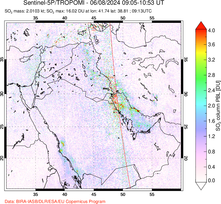 A sulfur dioxide image over Middle East on Jun 08, 2024.