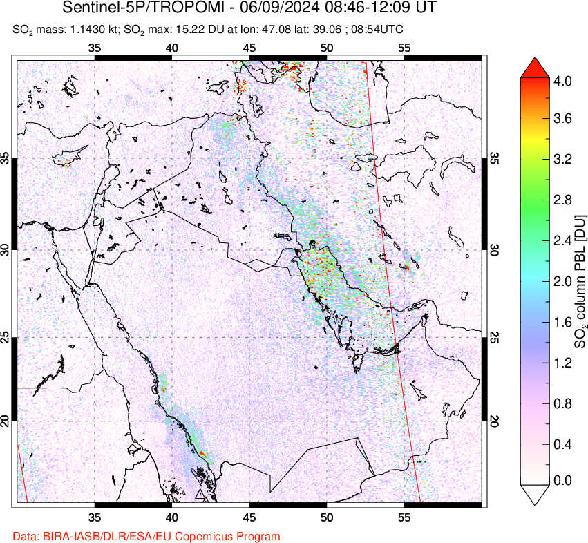 A sulfur dioxide image over Middle East on Jun 09, 2024.