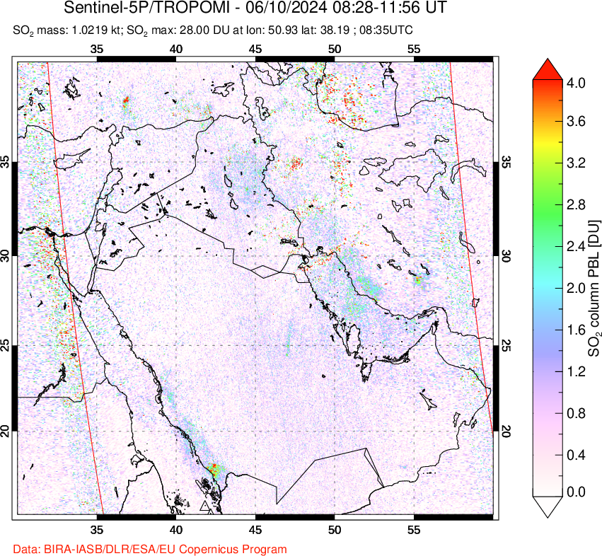 A sulfur dioxide image over Middle East on Jun 10, 2024.