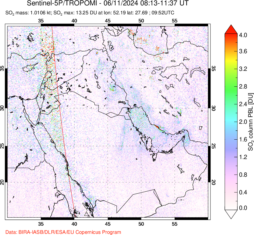 A sulfur dioxide image over Middle East on Jun 11, 2024.