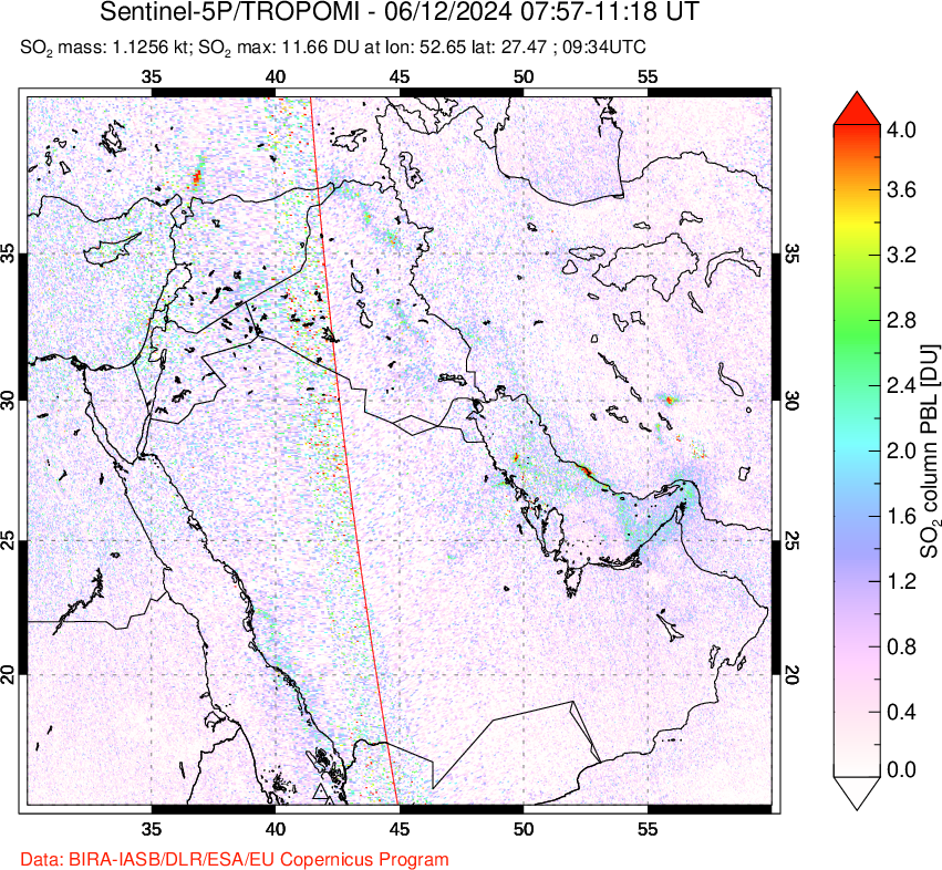 A sulfur dioxide image over Middle East on Jun 12, 2024.