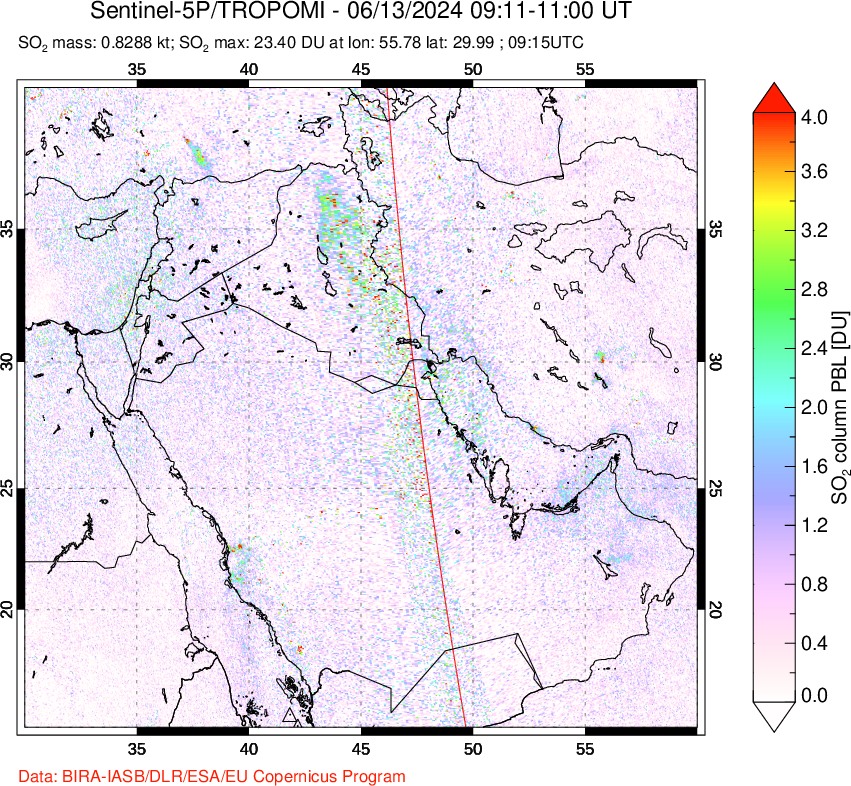 A sulfur dioxide image over Middle East on Jun 13, 2024.