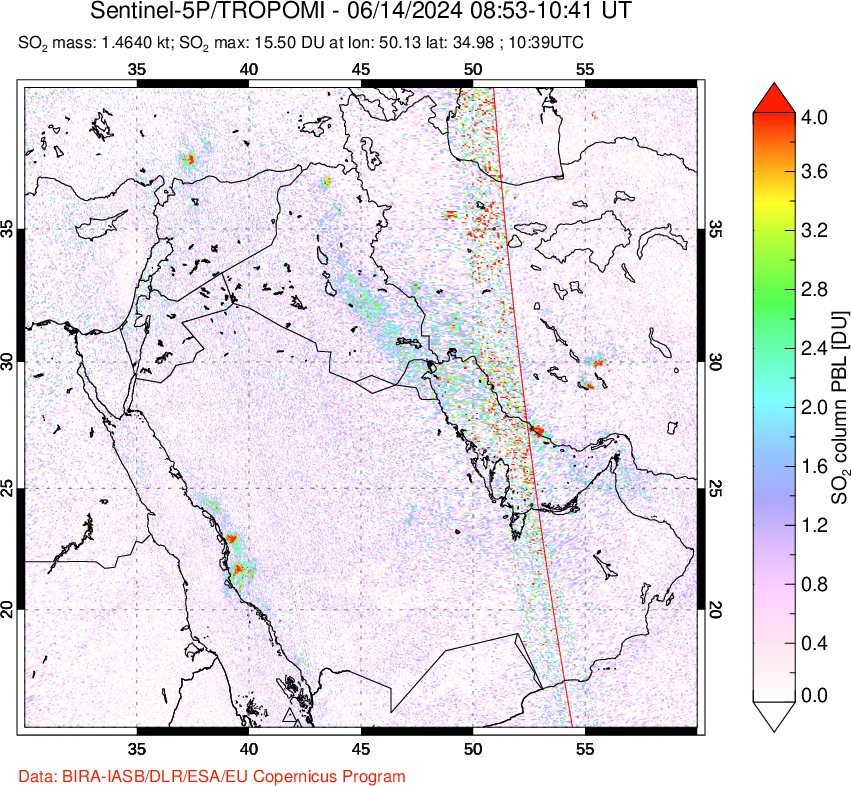 A sulfur dioxide image over Middle East on Jun 14, 2024.